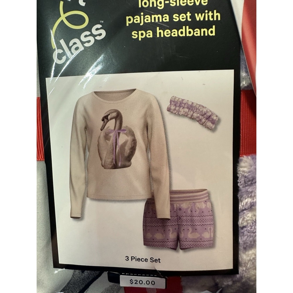 NWT Art Class Girls L 10/12 Long Sleeve Pajama Set w/ Spa Headband Purple Swan